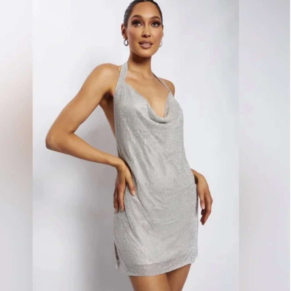 MESHKI SZ S Meilani Low Back Diamanté Mini Dress